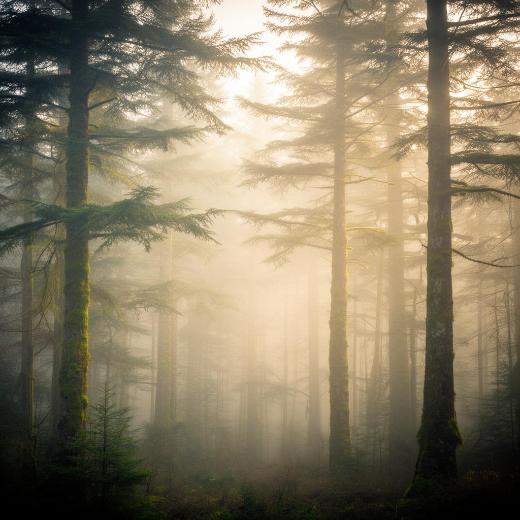 Misty Pacific Northwest forest at dawn